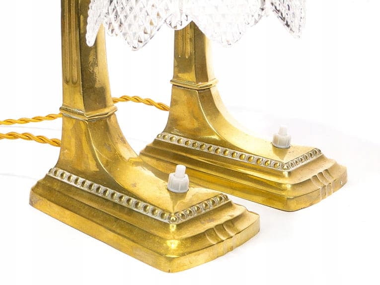 Para lamp stołowych, secesja, mosiądz złoty, kryształ przezroczysty, Austria, początek XX w. - 369362