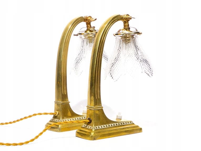 Para lamp stołowych, secesja, mosiądz złoty, kryształ przezroczysty, Austria, początek XX w. - 369361