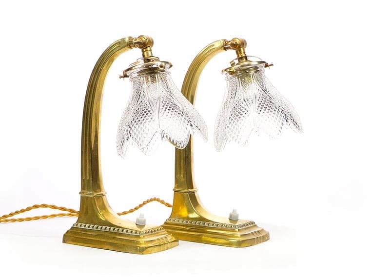 Para lamp stołowych, secesja, mosiądz złoty, kryształ przezroczysty, Austria, początek XX w. - 369364