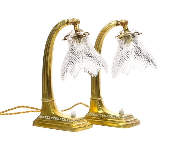 Para lamp stołowych, secesja, mosiądz złoty, kryształ przezroczysty, Austria, początek XX w. - WYMIARY