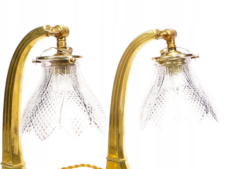 Para lamp stołowych, secesja, mosiądz złoty, kryształ przezroczysty, Austria, początek XX w. - 369365