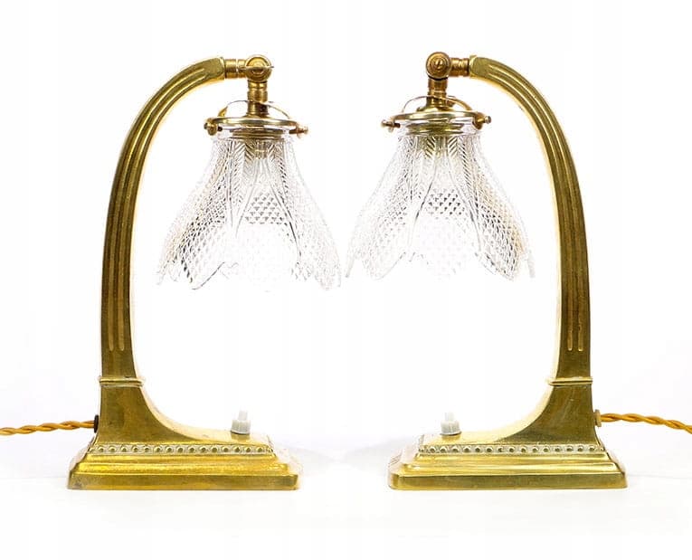 Para lamp stołowych, secesja, mosiądz złoty, kryształ przezroczysty, Austria, początek XX w. - 369358