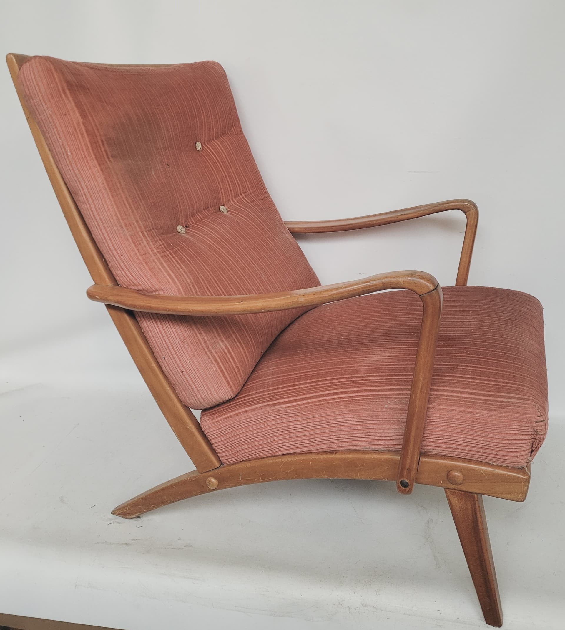 Fotel Knoll Antimott, welur różowy, drewno jasny brąz, Niemcy, lata 50. - 369466