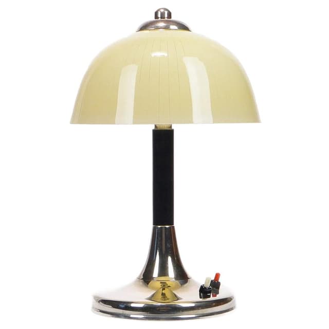 Lampa stołowa Space Age, szkło beżowy, mosiądz chromowany srebrny, bakelit czarny, Polska, lata 50. - WYMIARY