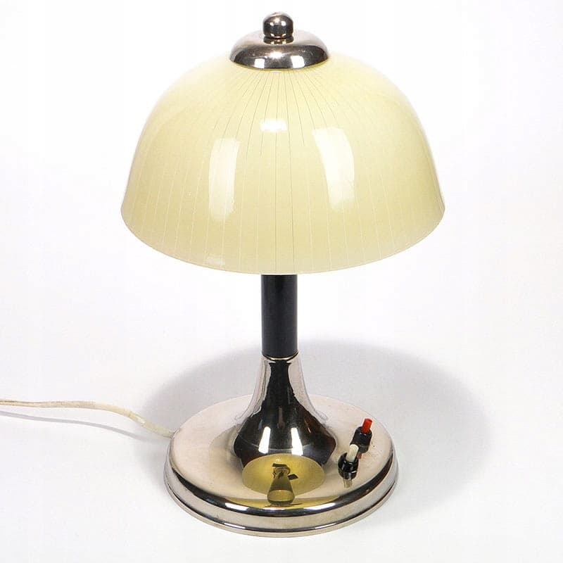 Lampa stołowa Space Age, szkło beżowy, mosiądz chromowany srebrny, bakelit czarny, Polska, lata 50. - 369557