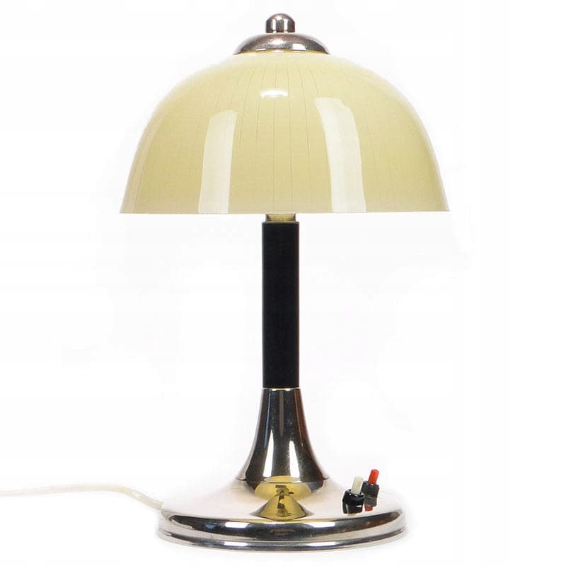 Lampa stołowa Space Age, szkło beżowy, mosiądz chromowany srebrny, bakelit czarny, Polska, lata 50. - 369553