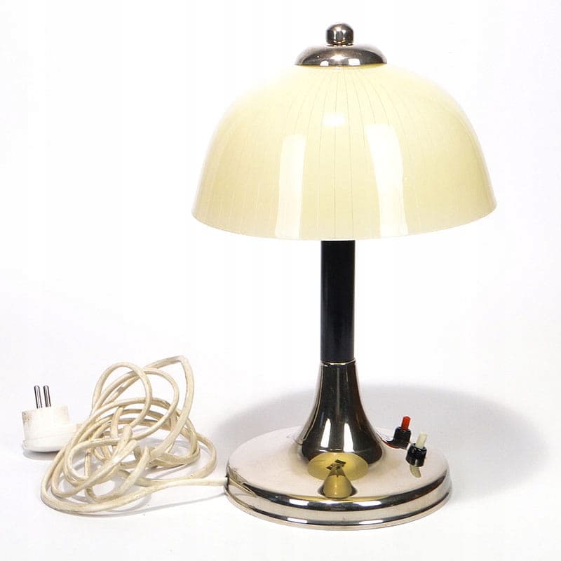 Lampa stołowa Space Age, szkło beżowy, mosiądz chromowany srebrny, bakelit czarny, Polska, lata 50. - 369561