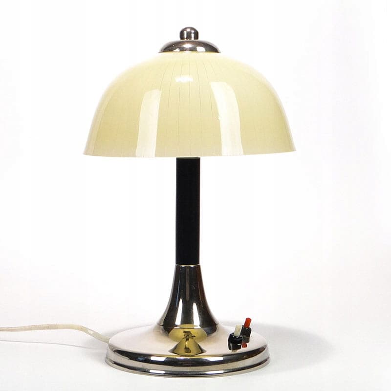 Lampa stołowa Space Age, szkło beżowy, mosiądz chromowany srebrny, bakelit czarny, Polska, lata 50. - 369555
