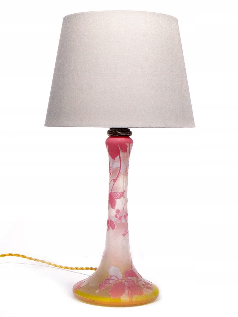 Lampa stołowa Daum Nancy, szkło kameliowe różowy biały żółty, Francja, początek XX w. - 369574