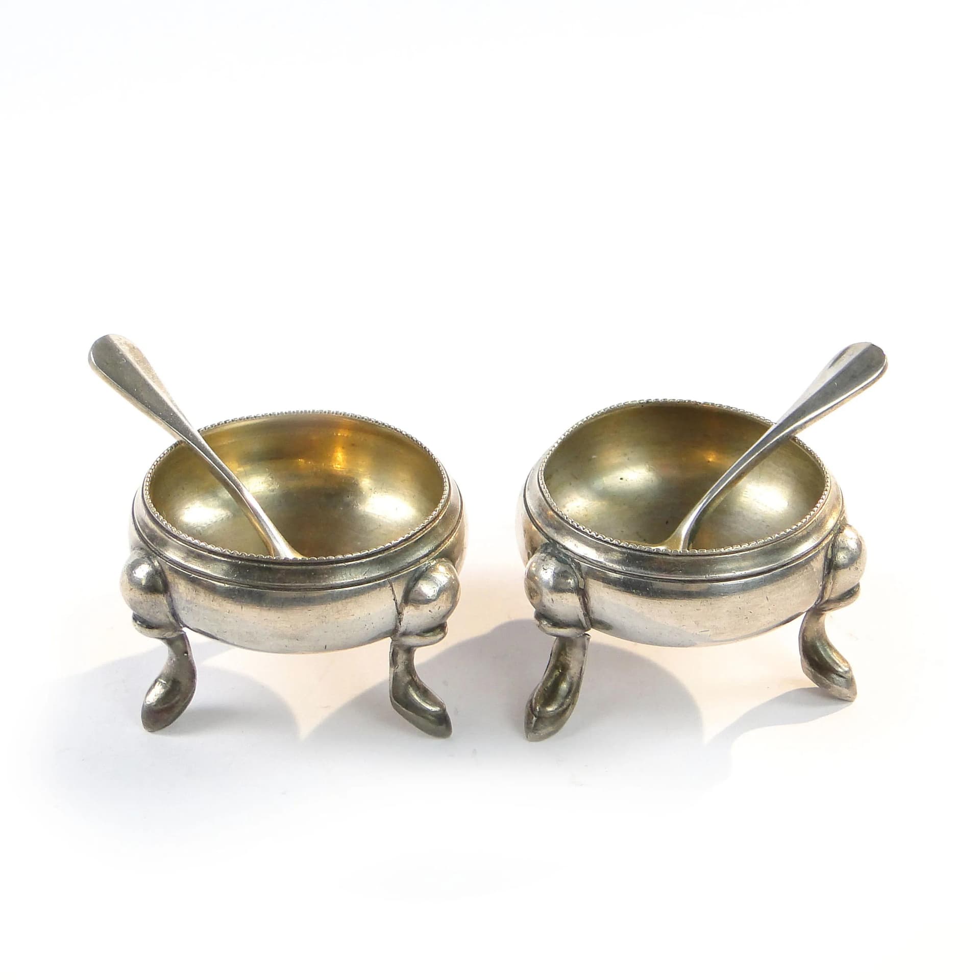 Pair of salt cellars on legs, silver gilt, Fraget, Poland, 1930s.