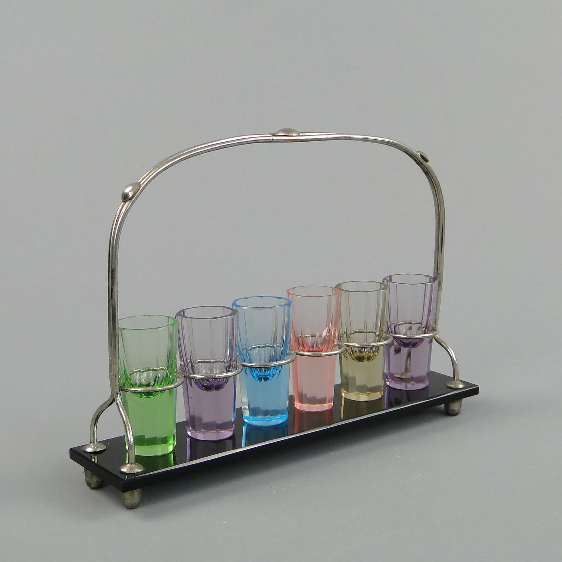 Komplet kieliszków Art Deco, szkło kryształowe wielobarwne, szkło hialitowe czarne, Czechy, lata 20. - 27007