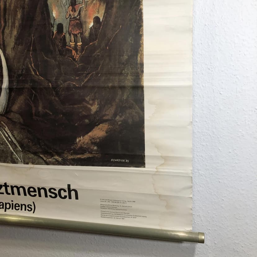 Tablica edukacyjna Człowiek epoki lodowcowej, multikolor, papier, aut. E. Schreier, Niemcy, lata 80.