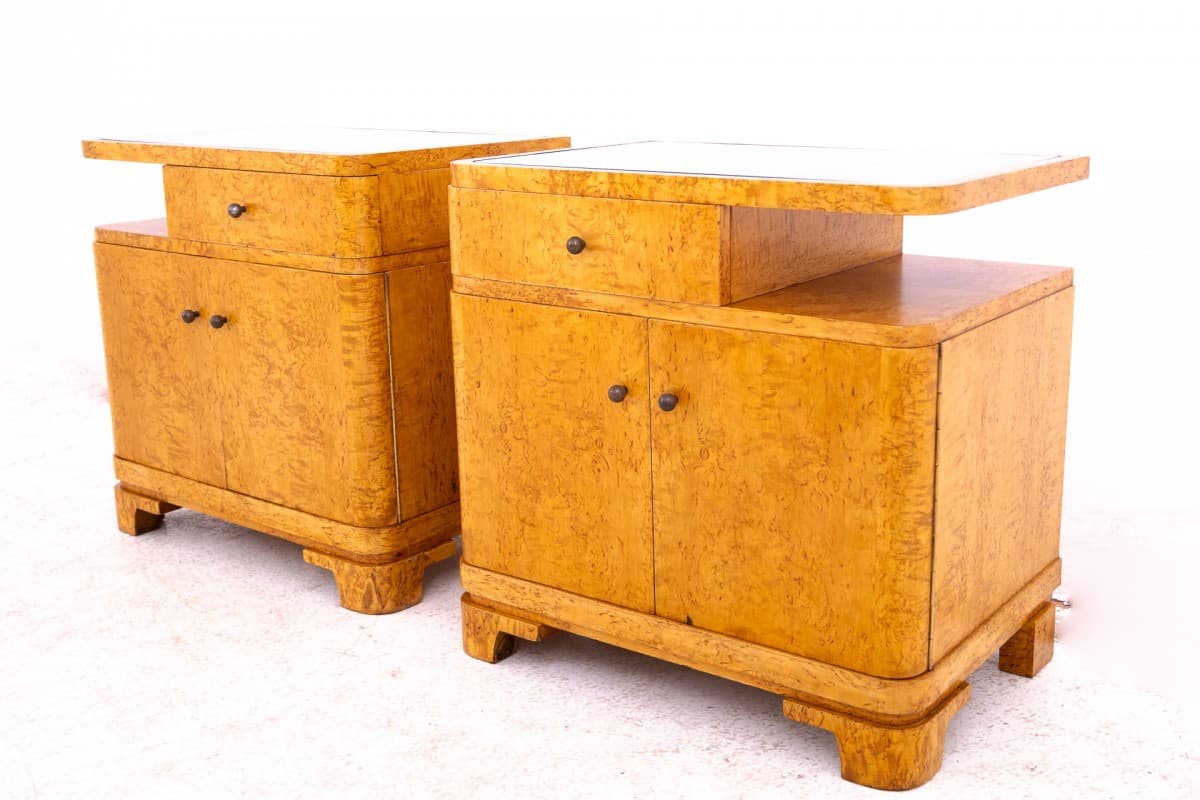 Para stolików nocnych Art déco, orzech włoski brązowy, Polska, lata 30. - 369936