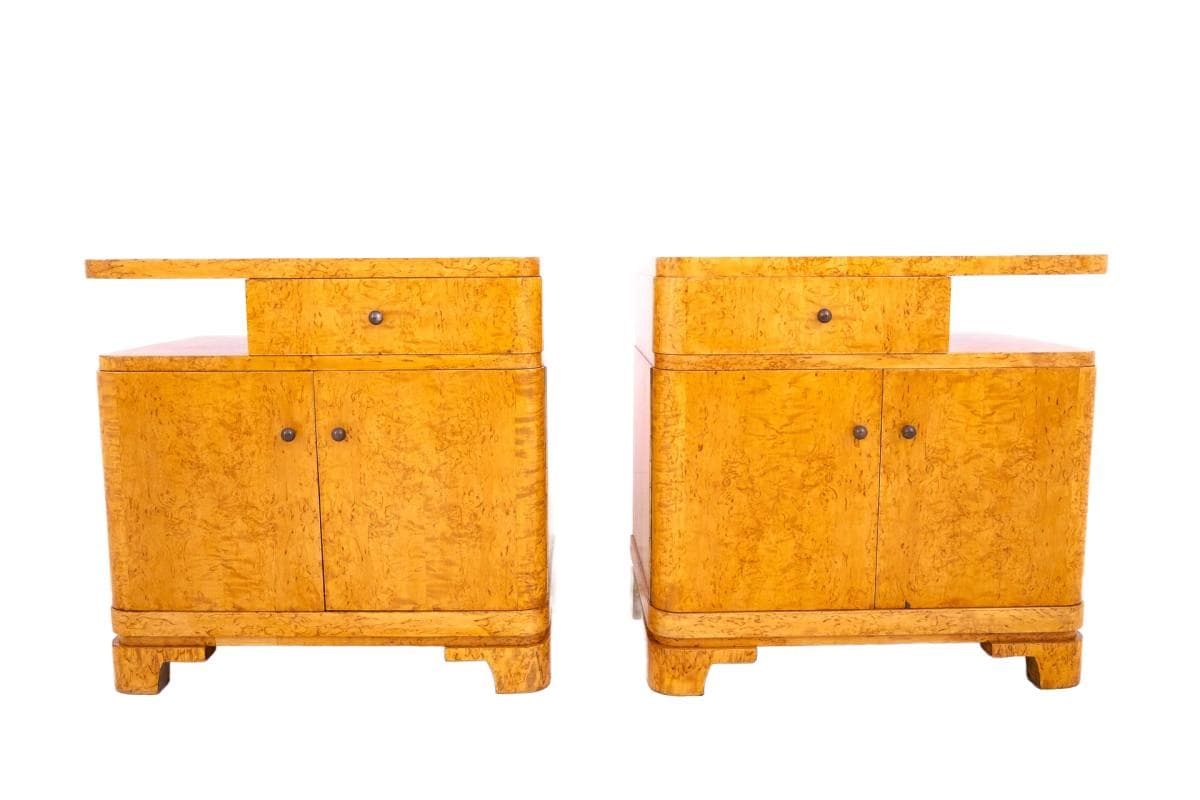 Para stolików nocnych Art déco, orzech włoski brązowy, Polska, lata 30.