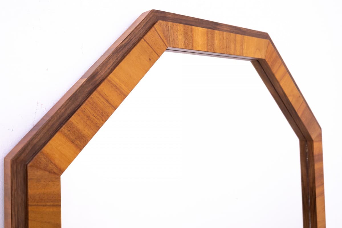 Lustro ścienne oktagonalne Art déco, szkło, orzech brązowy, Polska, lata 50. - 369984