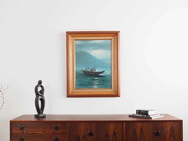 Obraz olej na płótnie niebieski, drewno, Skandynawia, lata 70. - WYMIARY