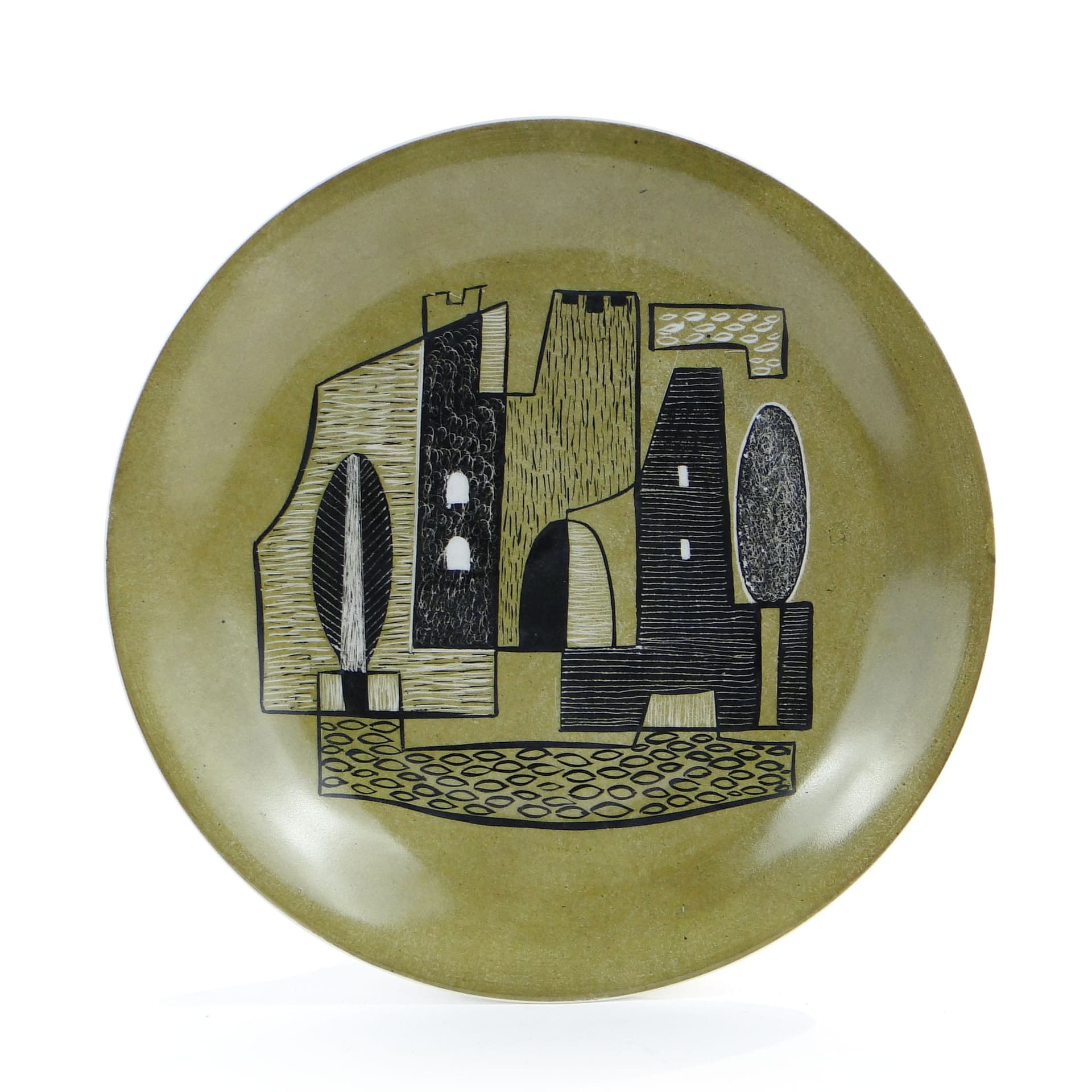 Patera dekoracyjna, porcelana zielona czarna biała, proj. T. Waligórska, Polska, lata 60. - 370349