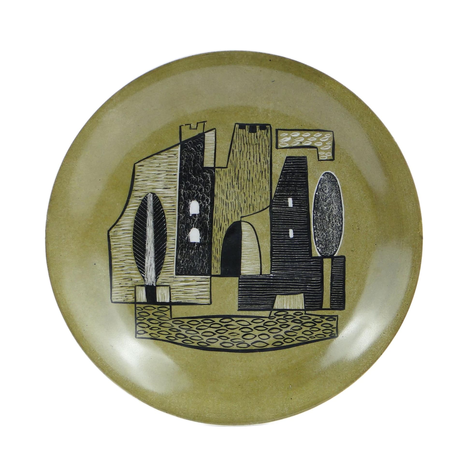 Patera dekoracyjna, porcelana zielona czarna biała, proj. T. Waligórska, Polska, lata 60.