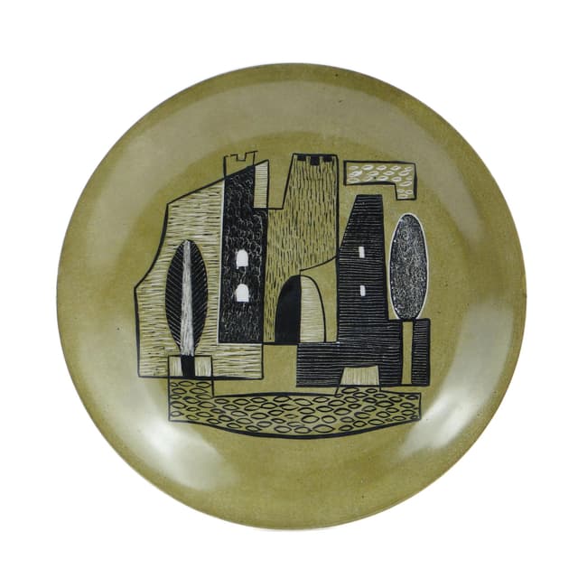 Patera dekoracyjna, porcelana zielona czarna biała, proj. T. Waligórska, Polska, lata 60. - WYMIARY