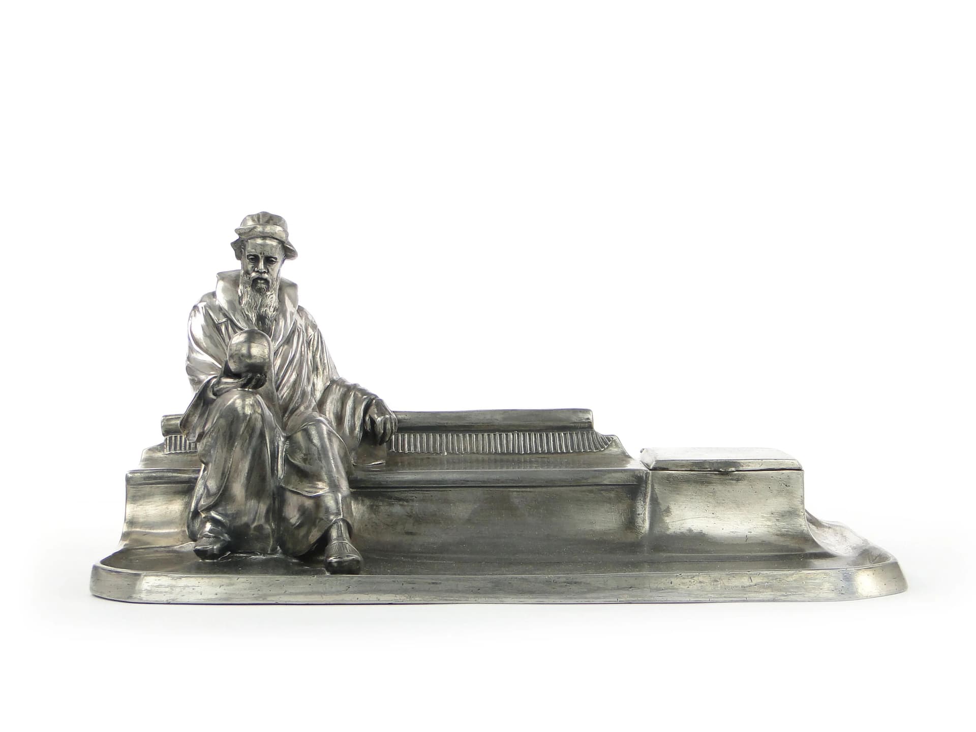 Silver-Plated Desk Inkwell with Dante Figure, likely Kayser, Germany, 1910s