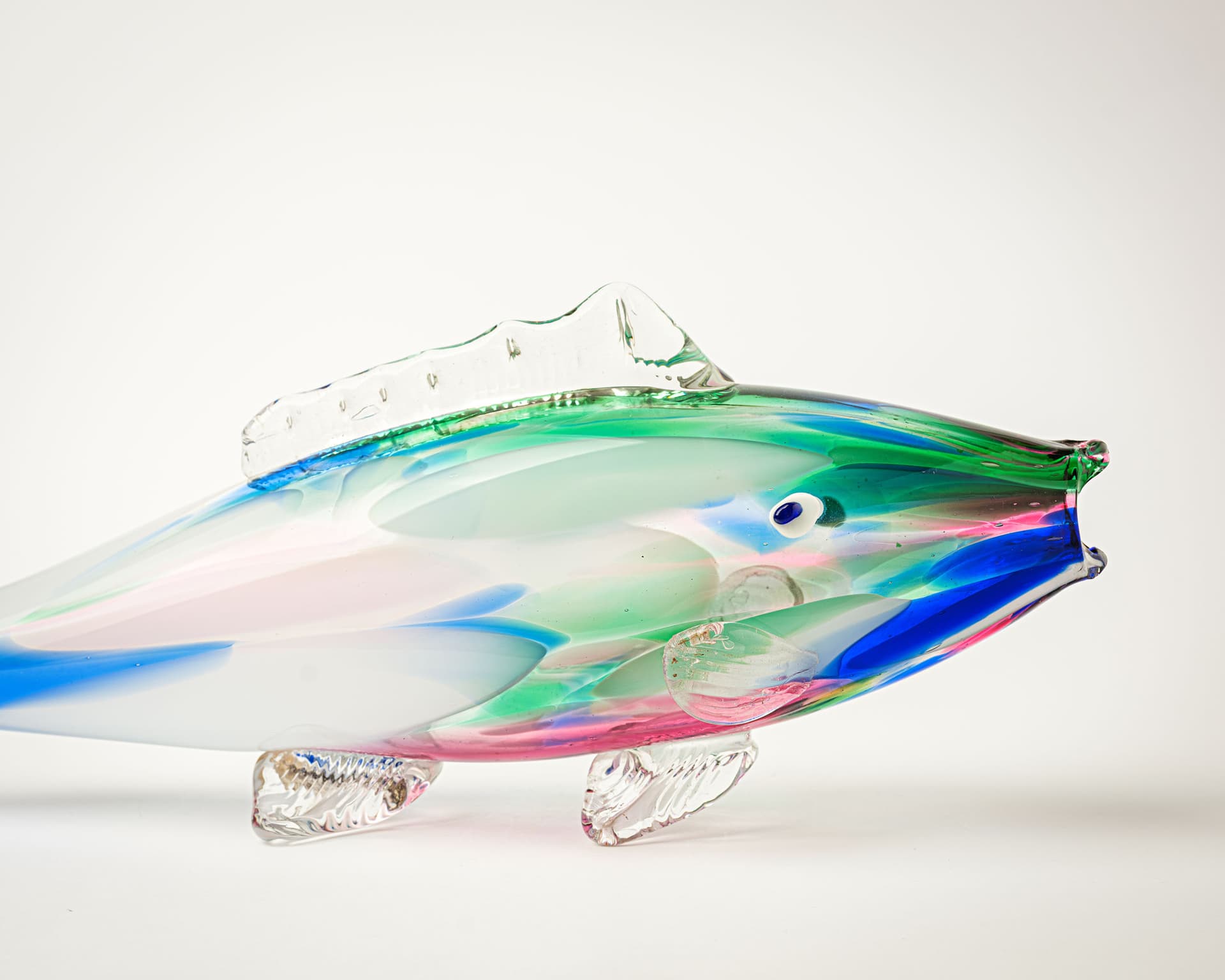 Figura ryby, szkło biały zielony niebieski różowy przezroczysty, lata 80. - 370978