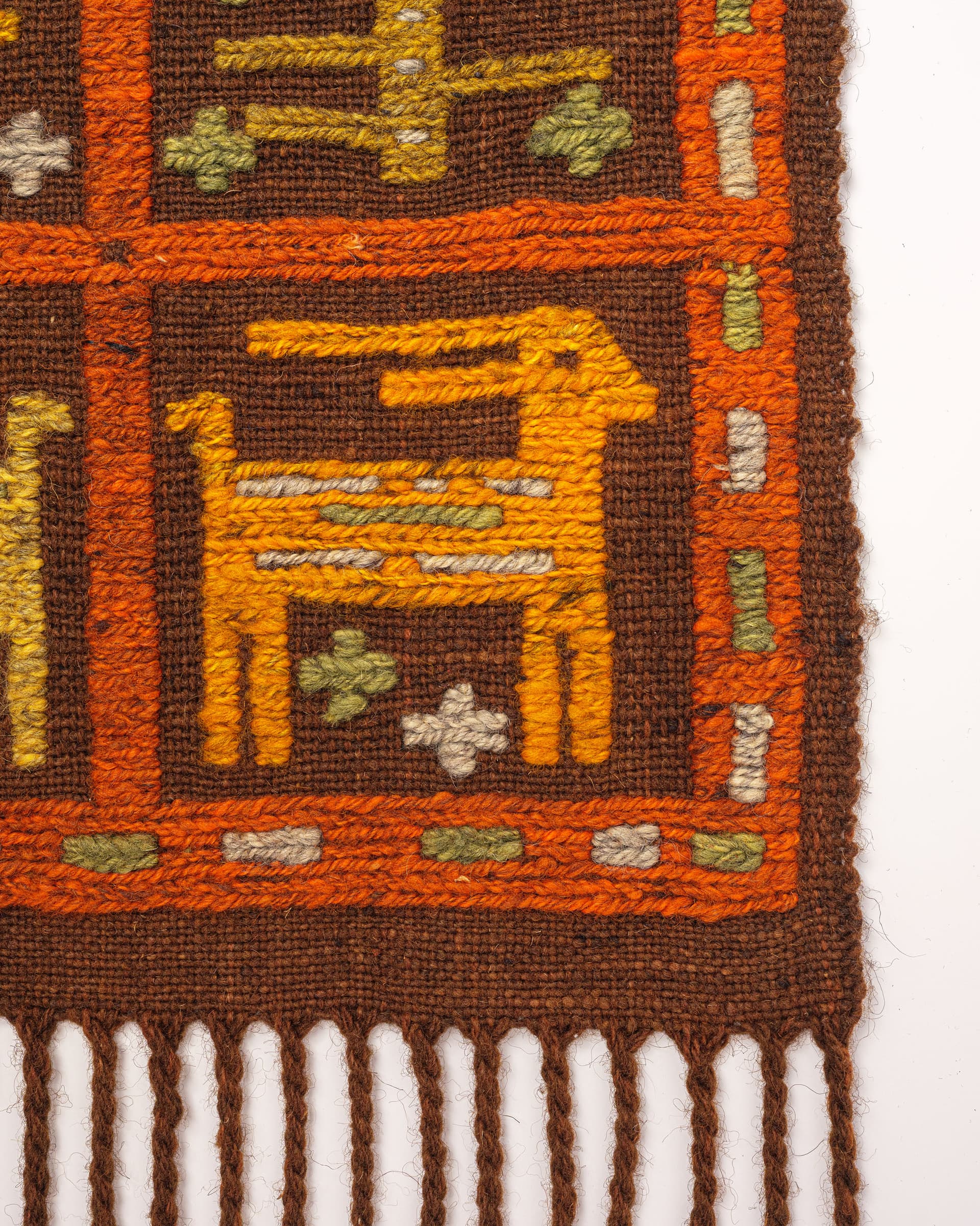 Kilim Sumak Kierdel Koziołków 60x41 cm, wełna brązowy pomarańczowy żółty zielony, Zakopiańskie Warsztaty Wzorcowe, Polska, lata 80. - 370991