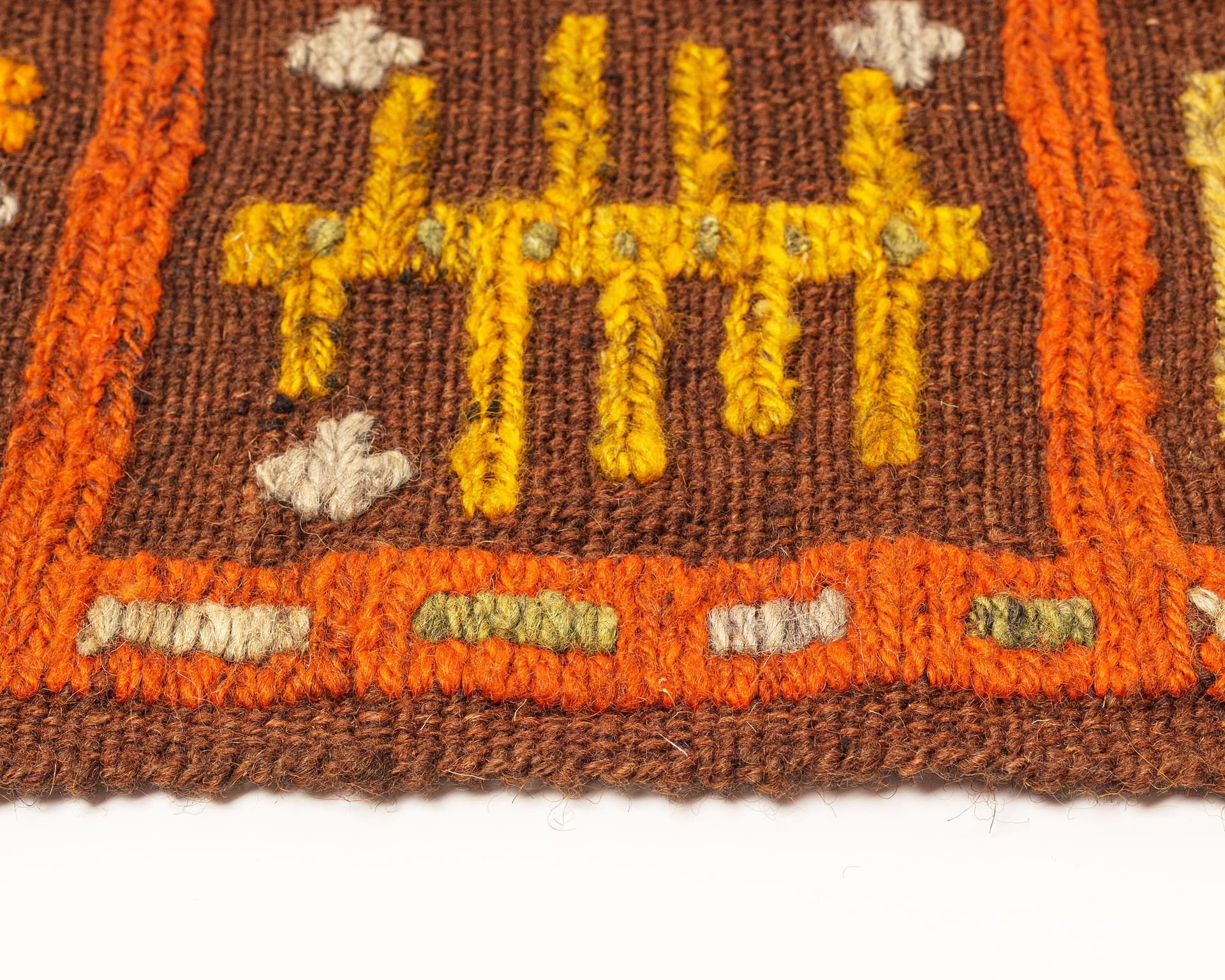Kilim Sumak Kierdel Koziołków 60x41 cm, wełna brązowy pomarańczowy żółty zielony, Zakopiańskie Warsztaty Wzorcowe, Polska, lata 80. - 370993