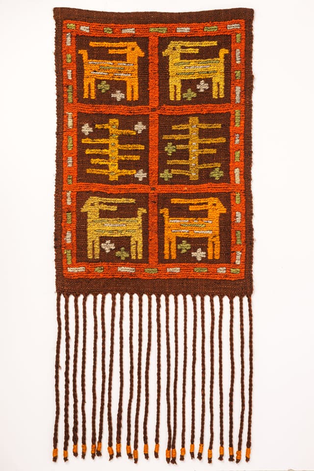 Kilim Sumak Kierdel Koziołków 60x41 cm, wełna brązowy pomarańczowy żółty zielony, Zakopiańskie Warsztaty Wzorcowe, Polska, lata 80. - WYMIARY