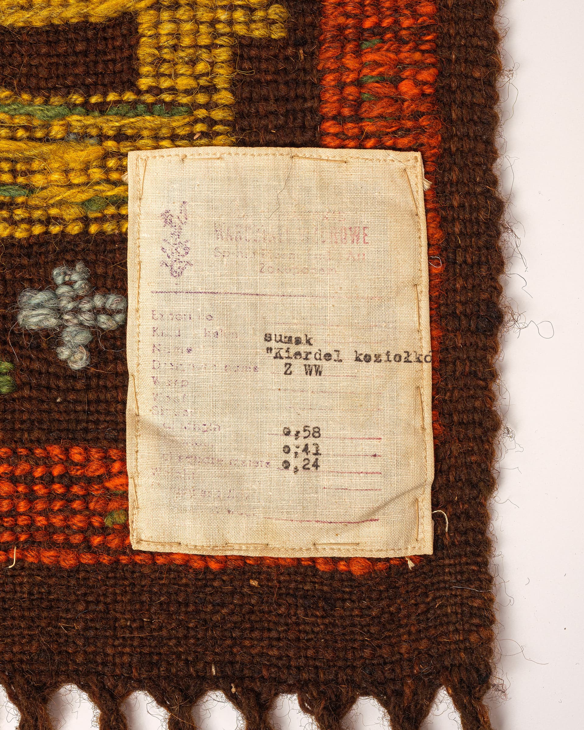 Kilim Sumak Kierdel Koziołków 60x41 cm, wełna brązowy pomarańczowy żółty zielony, Zakopiańskie Warsztaty Wzorcowe, Polska, lata 80. - 370994