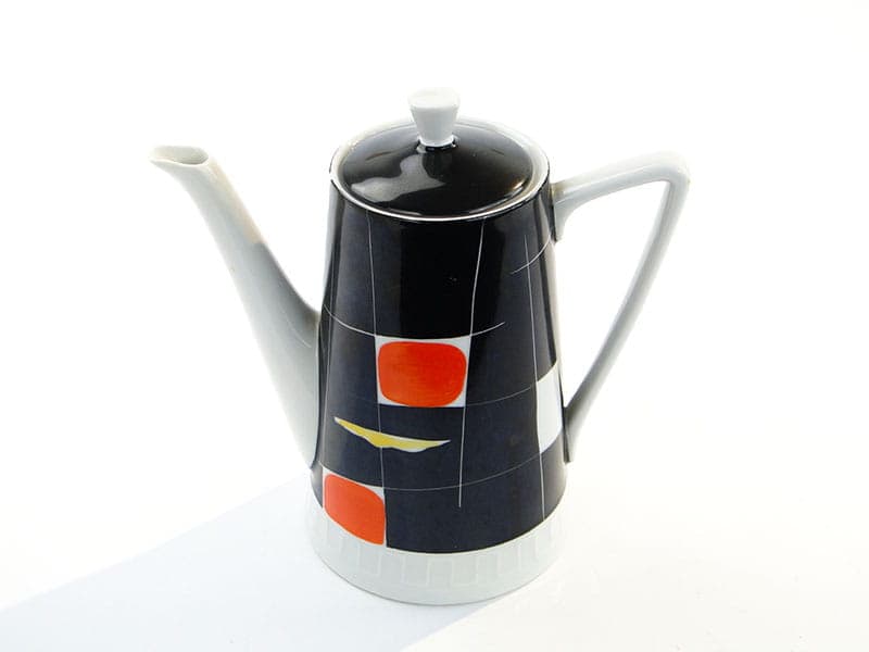 Dzbanek Millenium, porcelana czarna biała pomarańczowa żółta, proj. E. Ruszczyński, J. Kwinta, Zakłady Porcelany Stołowej Krzysztof, Polska, lata 60. - 371161