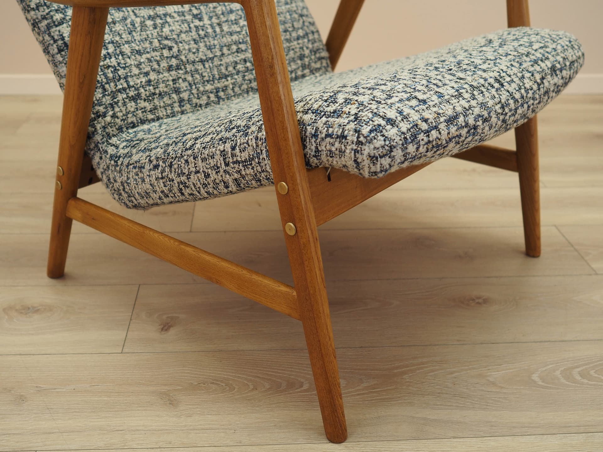 Fotel Kontour, teak, tkanina niebieski beżowy biały, Fritz Hansen, Dania, lata 60. - 371244