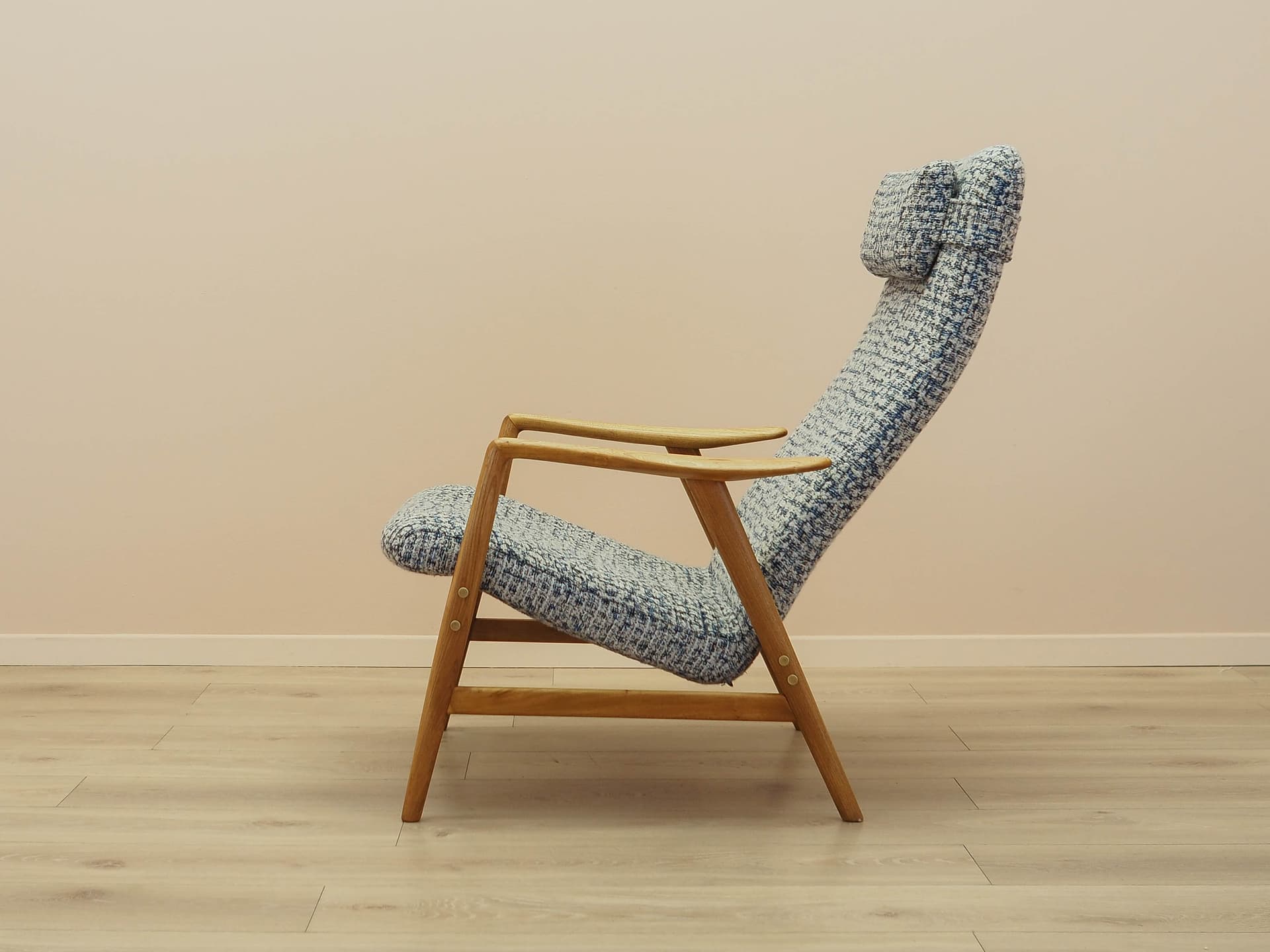 Fotel Kontour, teak, tkanina niebieski beżowy biały, Fritz Hansen, Dania, lata 60. - 371238