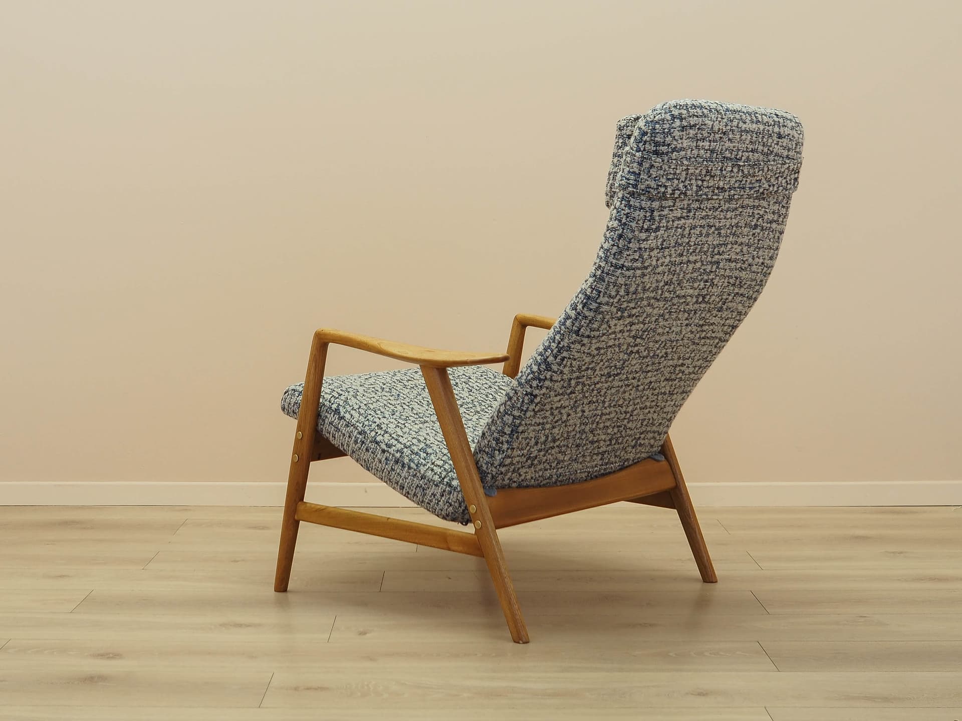 Fotel Kontour, teak, tkanina niebieski beżowy biały, Fritz Hansen, Dania, lata 60. - 371236