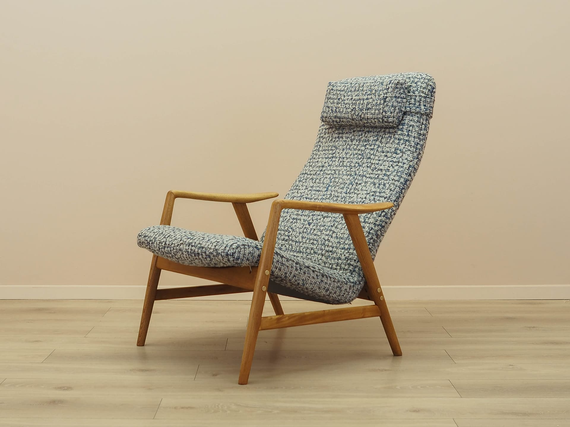 Fotel Kontour, teak, tkanina niebieski beżowy biały, Fritz Hansen, Dania, lata 60. - 371234