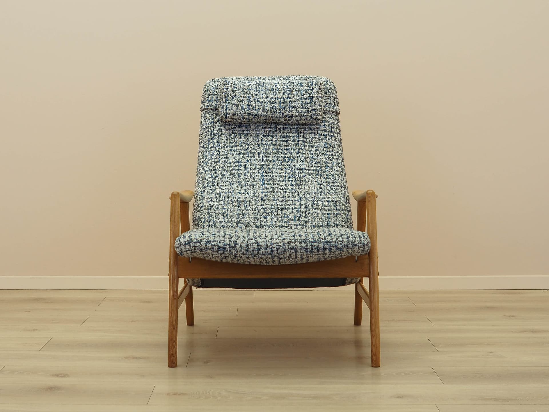 Fotel Kontour, teak, tkanina niebieski beżowy biały, Fritz Hansen, Dania, lata 60. - 371235
