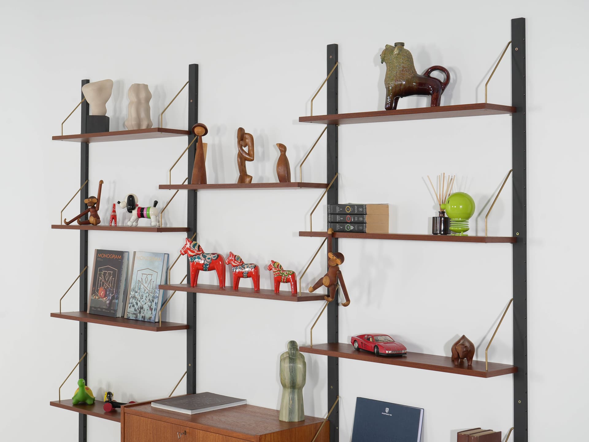 Regał modułowy, teak brązowy, metal czarny, Dania, lata 70. - 371374
