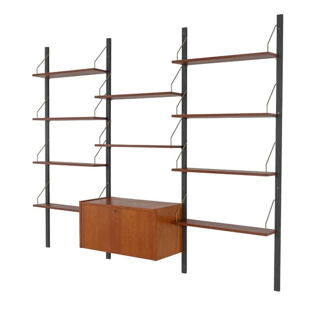 Regał modułowy, teak brązowy, metal czarny, Dania, lata 70. - WYMIARY
