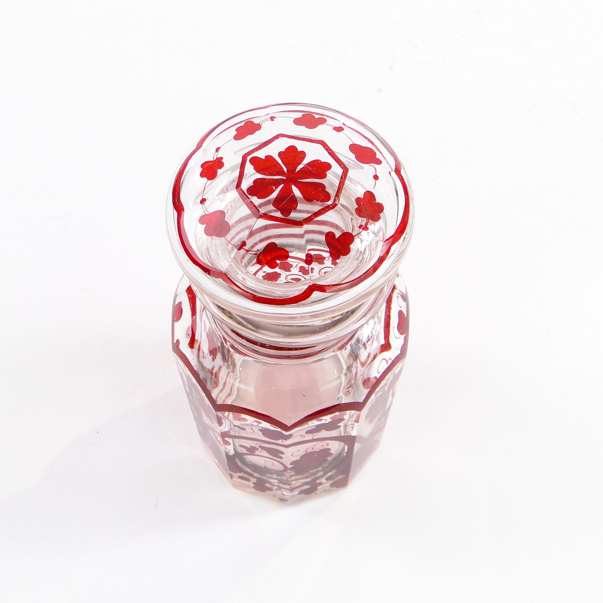 Herbatnica Biedermeier, przezroczysty kryształ, emalia czerwona, Austria, lata 40. XIX w. - 371451