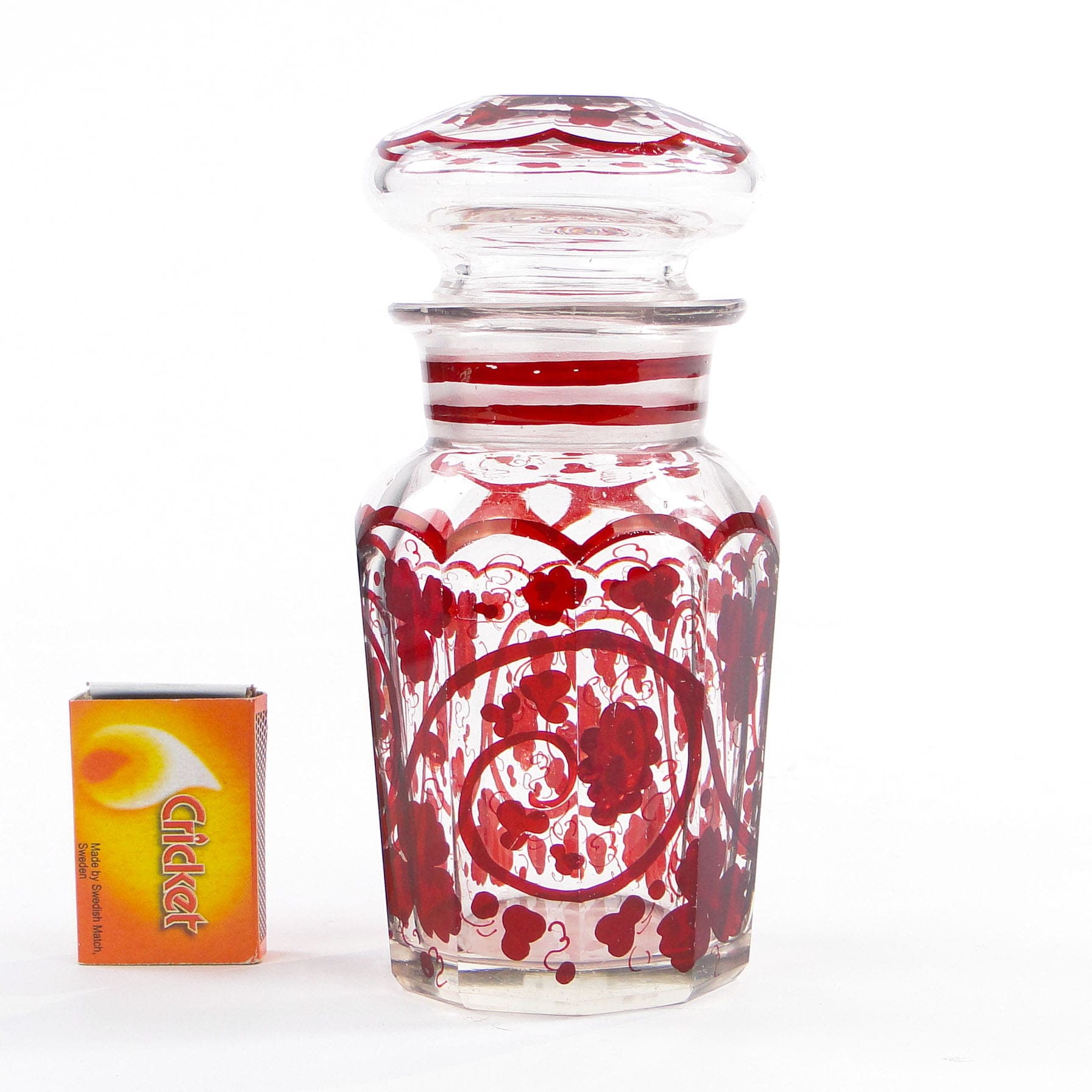 Herbatnica Biedermeier, przezroczysty kryształ, emalia czerwona, Austria, lata 40. XIX w. - 371448