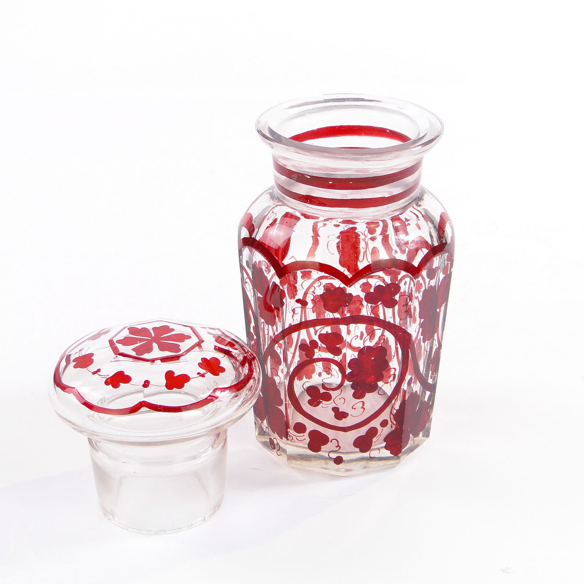 Herbatnica Biedermeier, przezroczysty kryształ, emalia czerwona, Austria, lata 40. XIX w. - 371452
