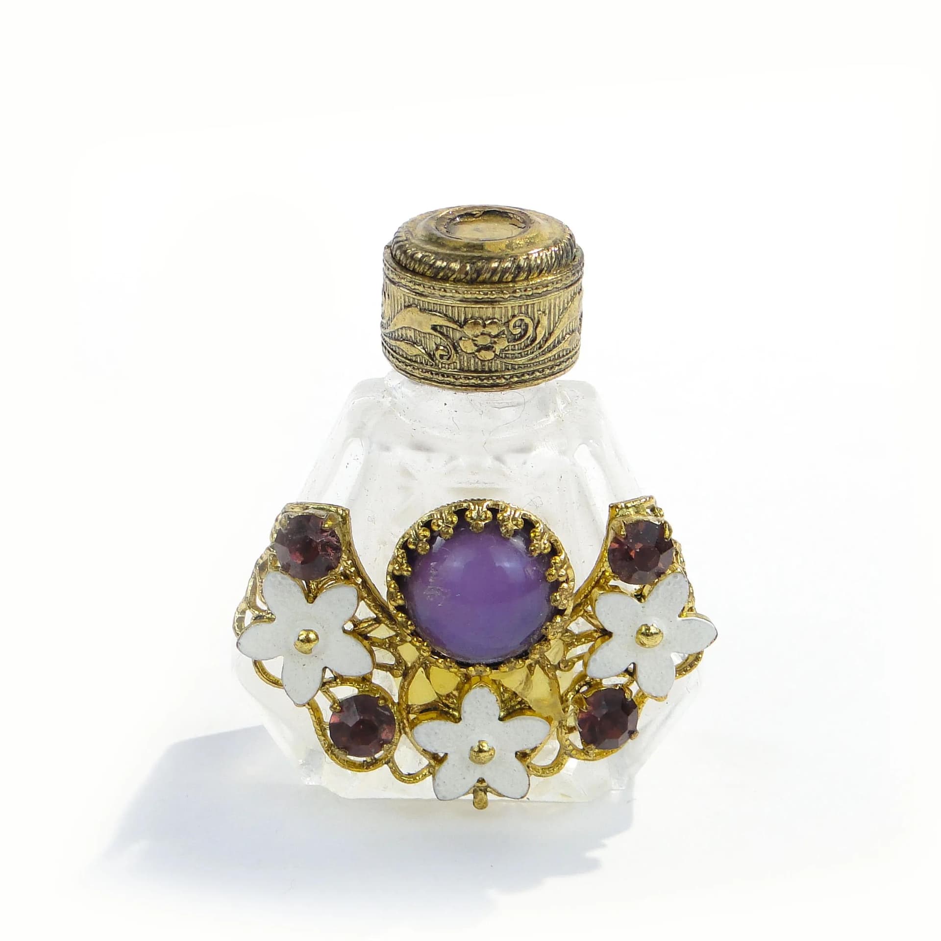 Flakon na perfumy, przezroczysty szkło, złoty metal, Bohemia, Czechy, lata 50. - 371466