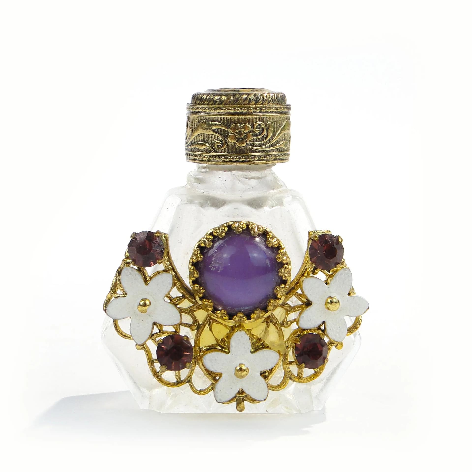 Flakon na perfumy, przezroczysty szkło, złoty metal, Bohemia, Czechy, lata 50. - 371465