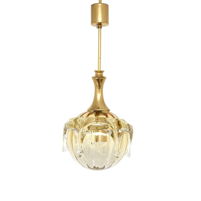 Lampa wisząca, bursztynowe szkło, mosiądz złoty, Limburg, Niemcy, lata 70. - WYMIARY
