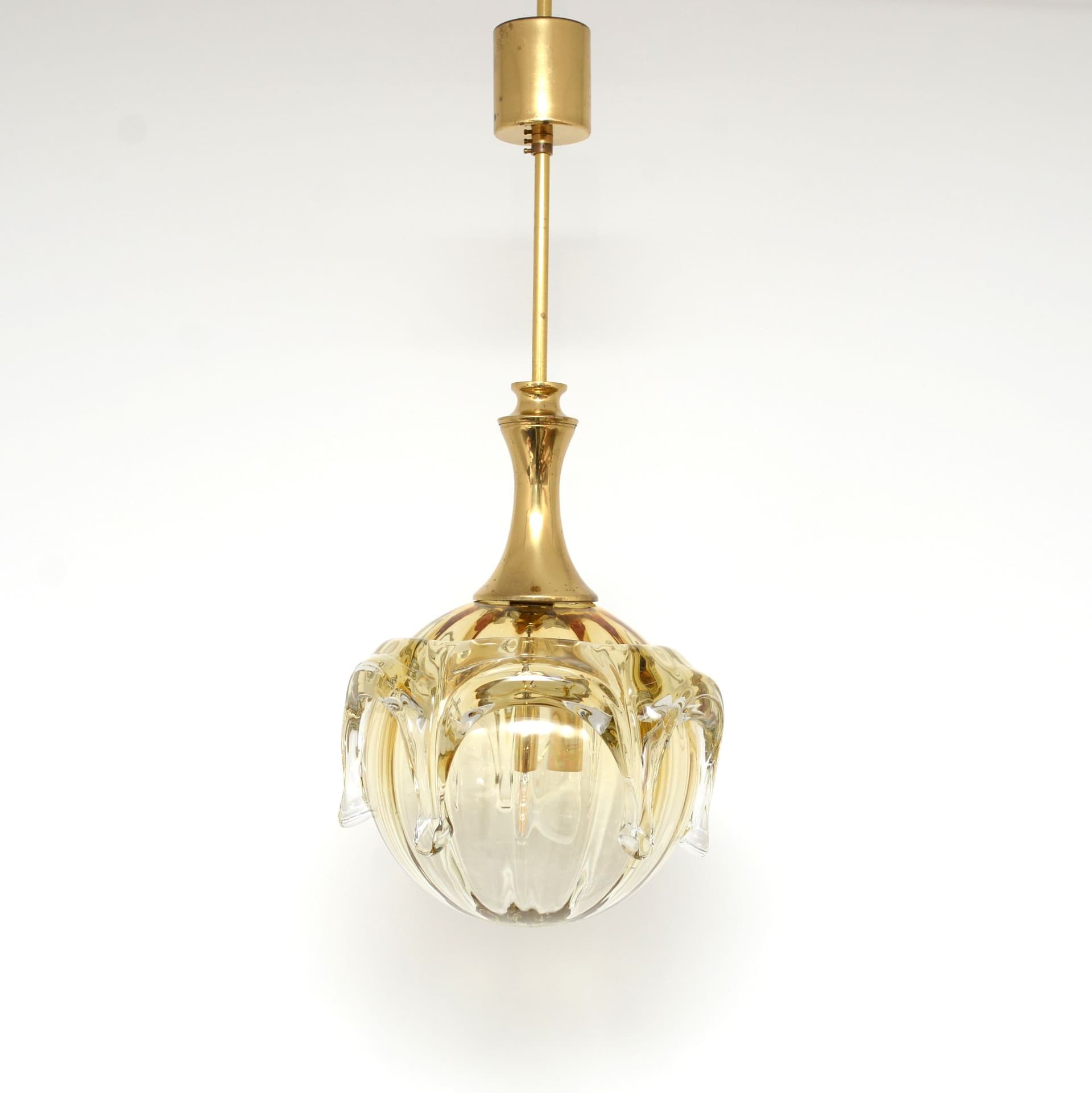Lampa wisząca, bursztynowe szkło, mosiądz złoty, Limburg, Niemcy, lata 70. - 371480