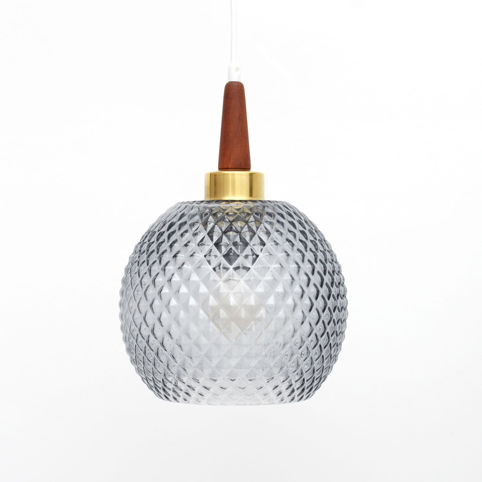 Lampa wisząca, szkło szare, teak brązowy, mosiądz złoty, Dania, lata 60. - 371666