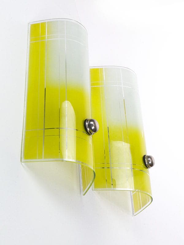 Para kinkietów Pop Art, szkło żółty, metal biały, Polska, lata 50. - 372007