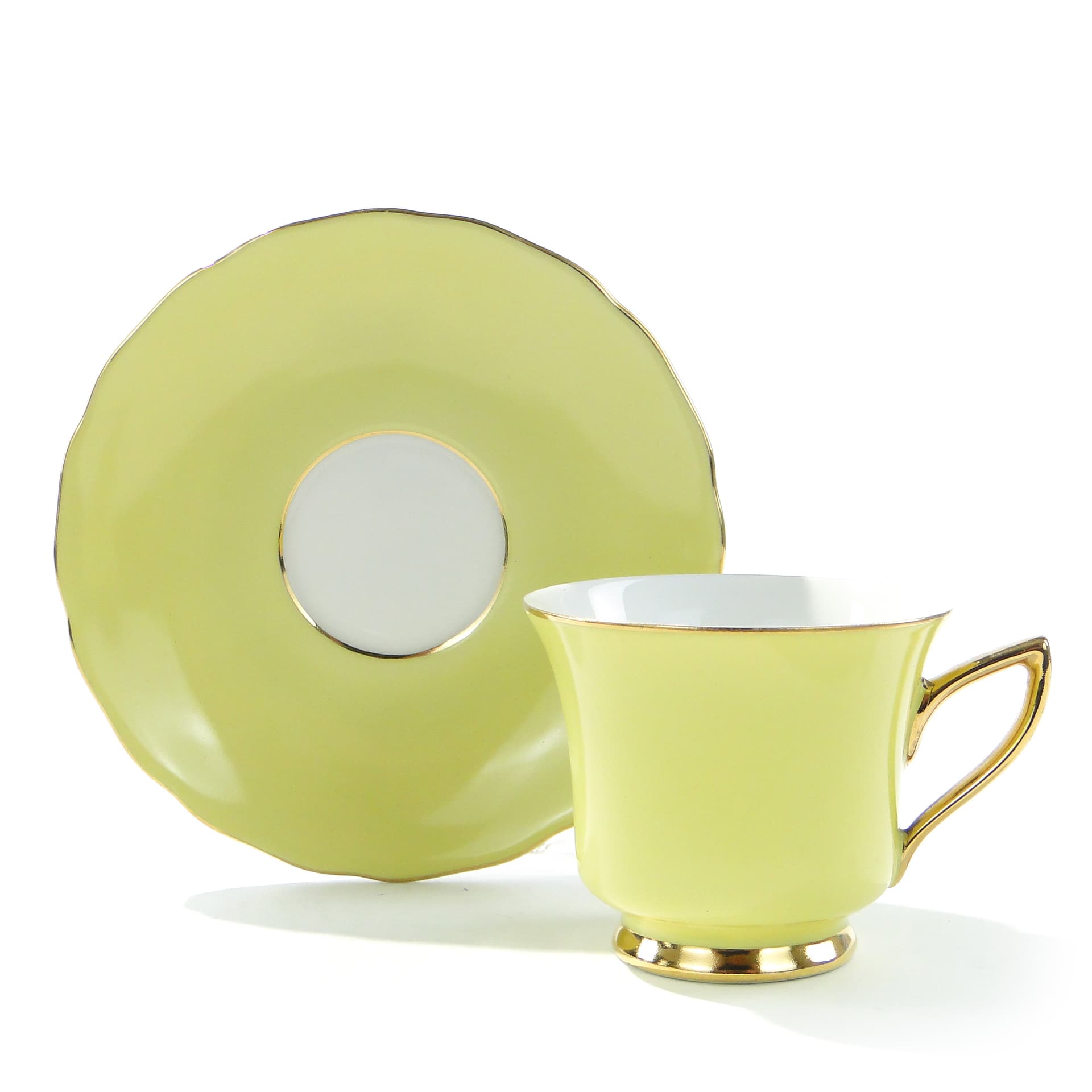 Filiżanka do espresso ze spodkiem, Windsor, żółto-zielony, porcelana biała, złocenie, Czechosłowacja, lata 50.