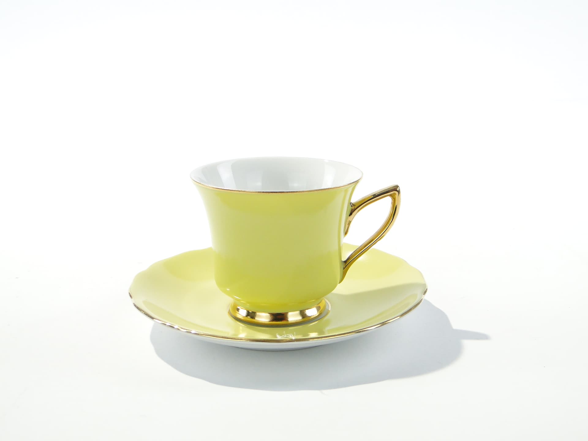 Filiżanka do espresso ze spodkiem, Windsor, żółto-zielony, porcelana biała, złocenie, Czechosłowacja, lata 50. - 372193