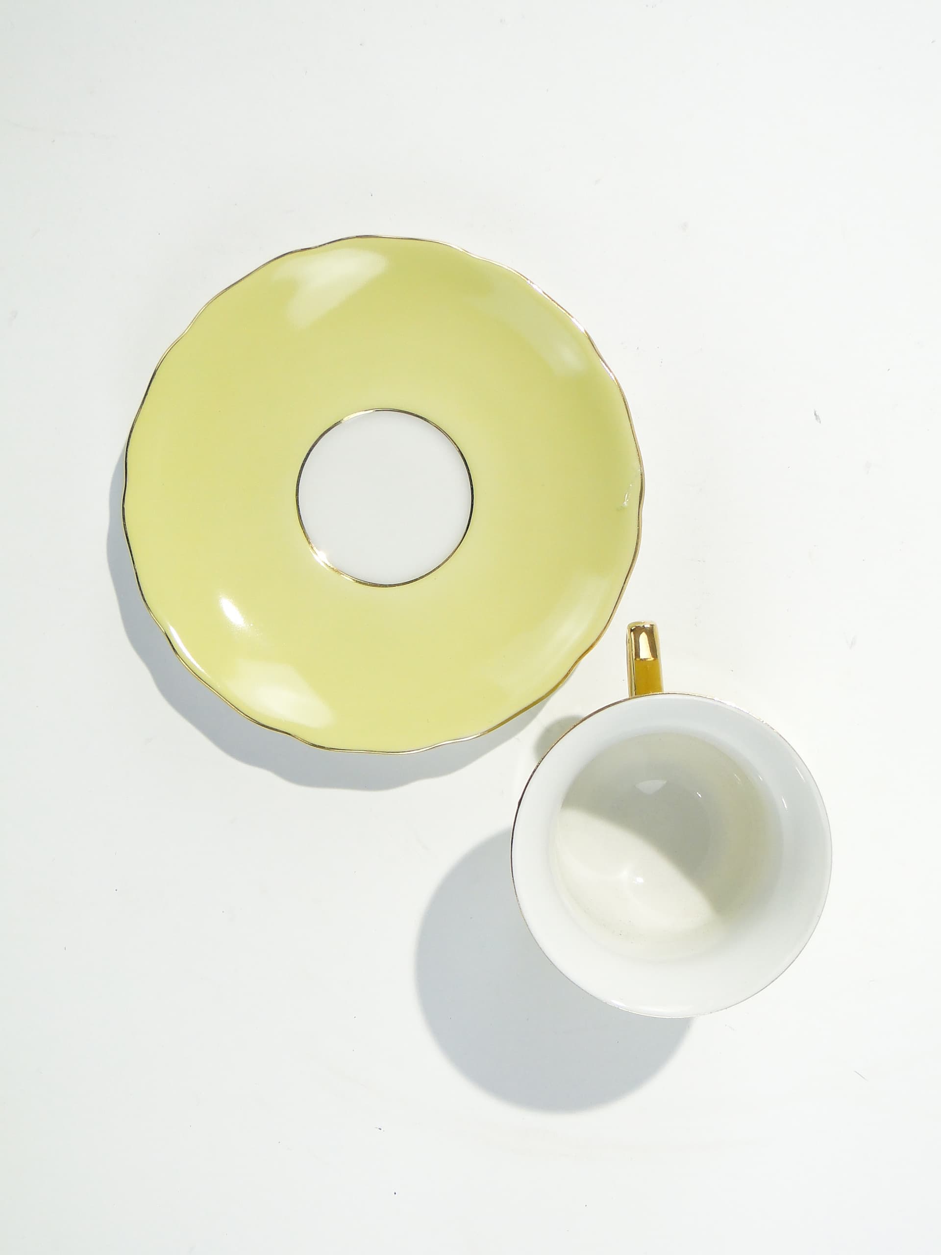 Filiżanka do espresso ze spodkiem, Windsor, żółto-zielony, porcelana biała, złocenie, Czechosłowacja, lata 50. - 372195