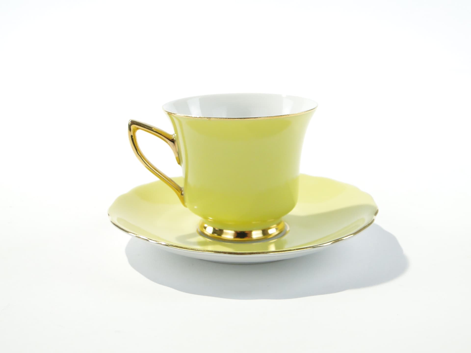 Filiżanka do espresso ze spodkiem, Windsor, żółto-zielony, porcelana biała, złocenie, Czechosłowacja, lata 50. - 372194